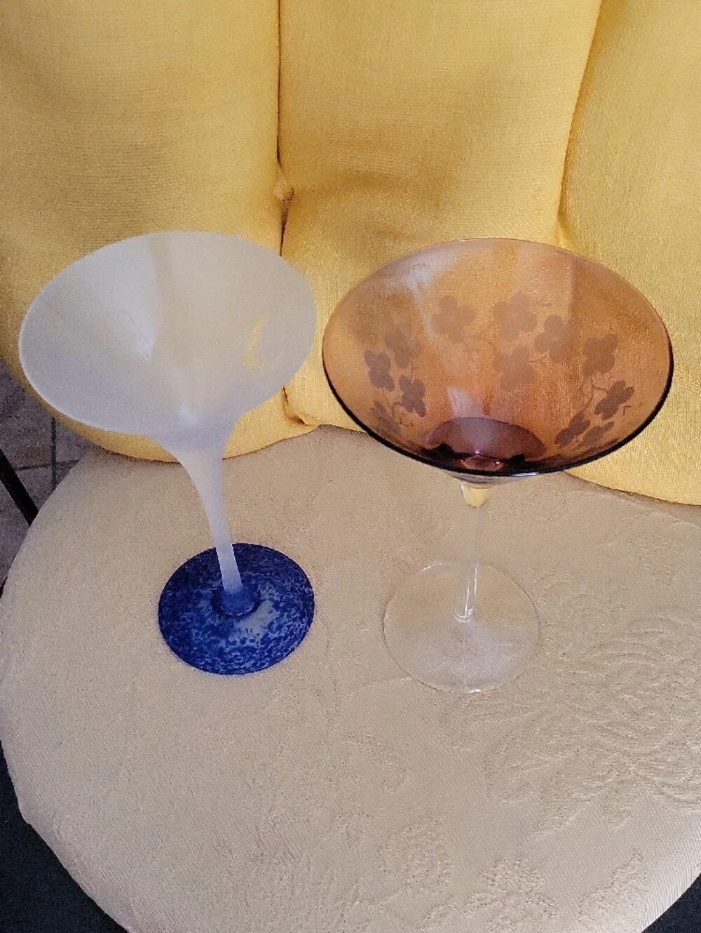 Elegant Blue-Base and Amber Etched Martini Glasses - Set of 2